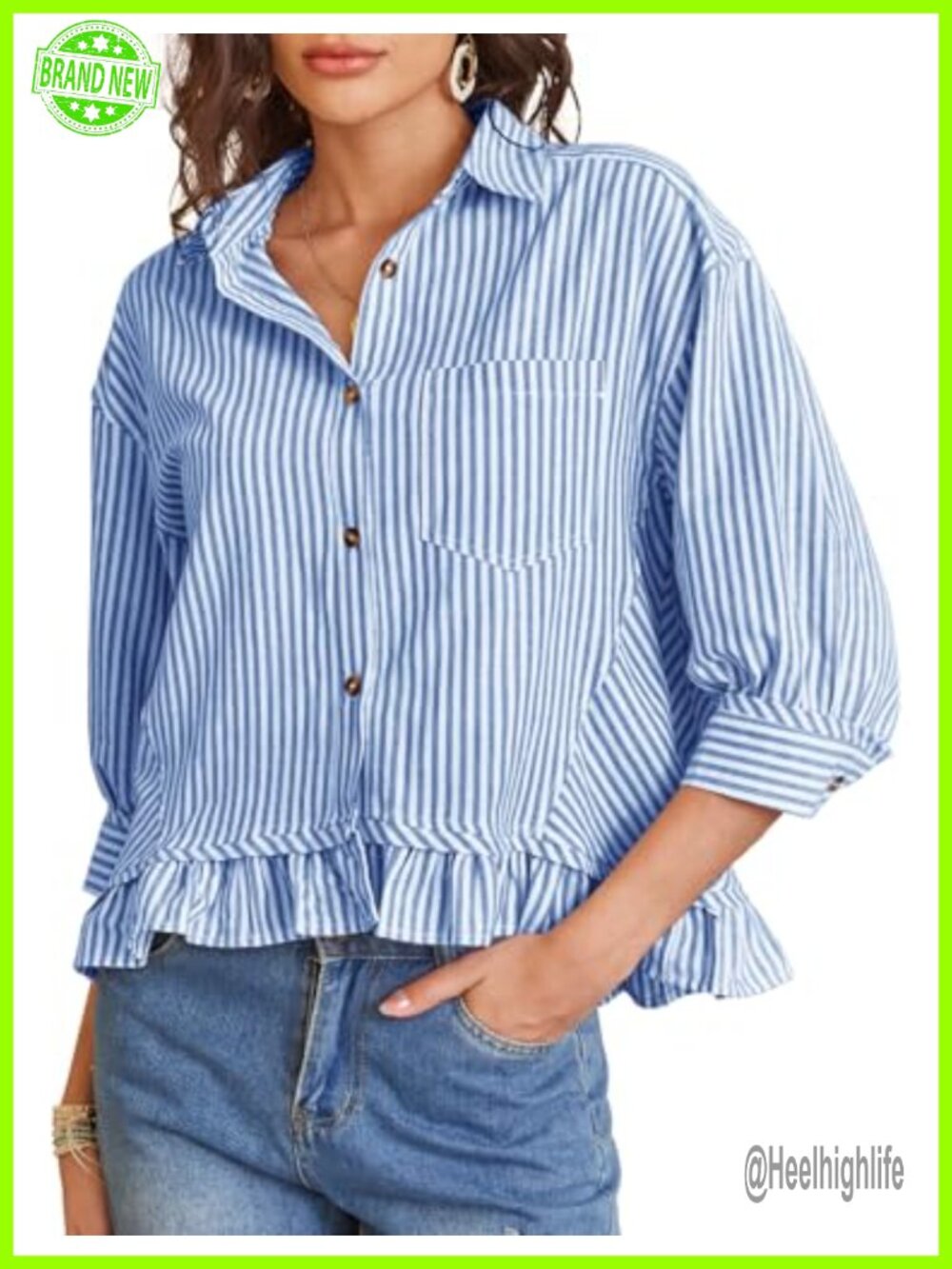 100% Cotton Striped Button Down Shirt 3/4 Puff Sleeve Ruffle Hem Cropped